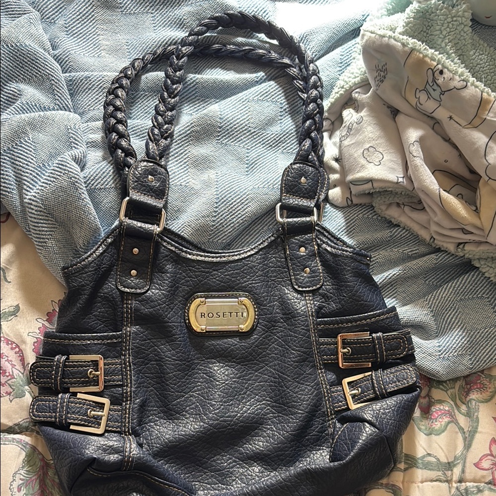 Rosetti Black Shoulder Bag with Braided Handles and Gold Accents